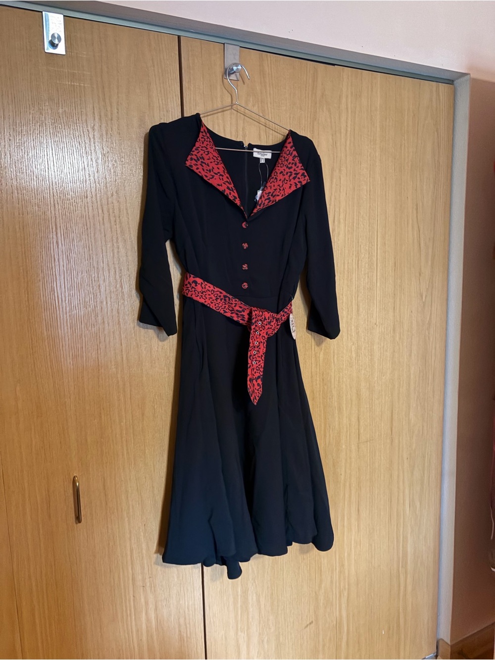 Black Lynette Dress with Red Animal Printed Collar and Tie Belt